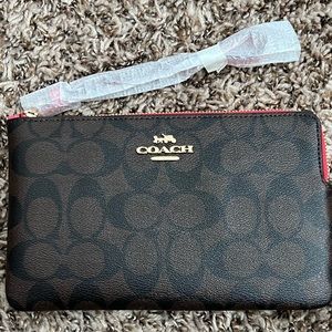 Coach Large Corner Zip Wristlet In Signature Canvas Brown/Watermelon New